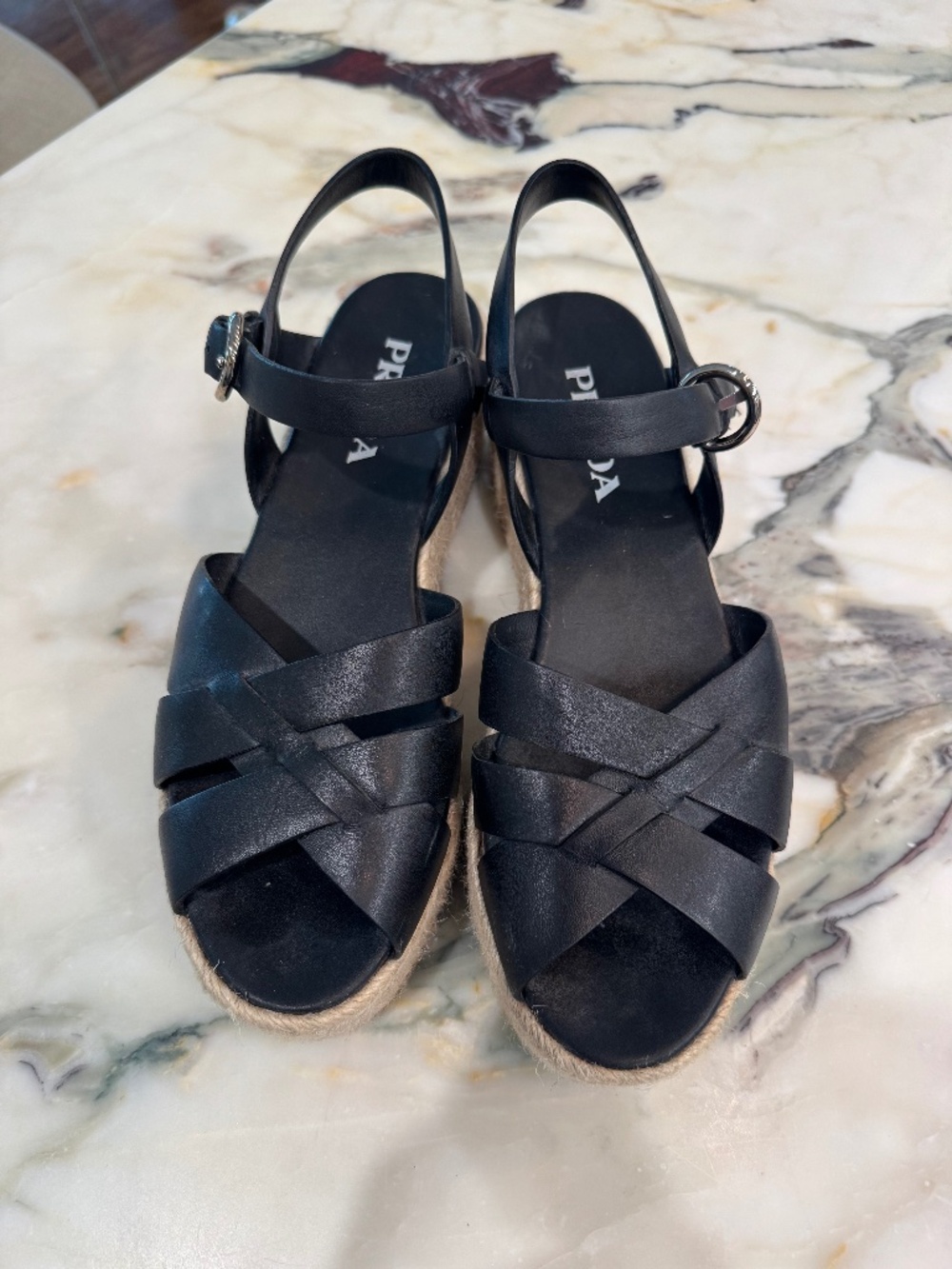 Prada Platform Espadrille Sandals, Black Size 39 1/2